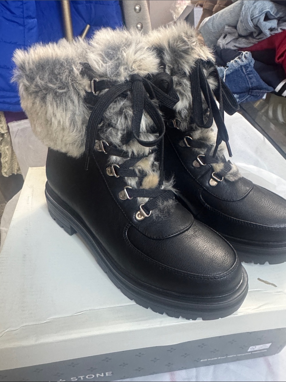 Sun and stone orlaap Black Faux-Fur Trim Lace-Up Winter Ankle Boots